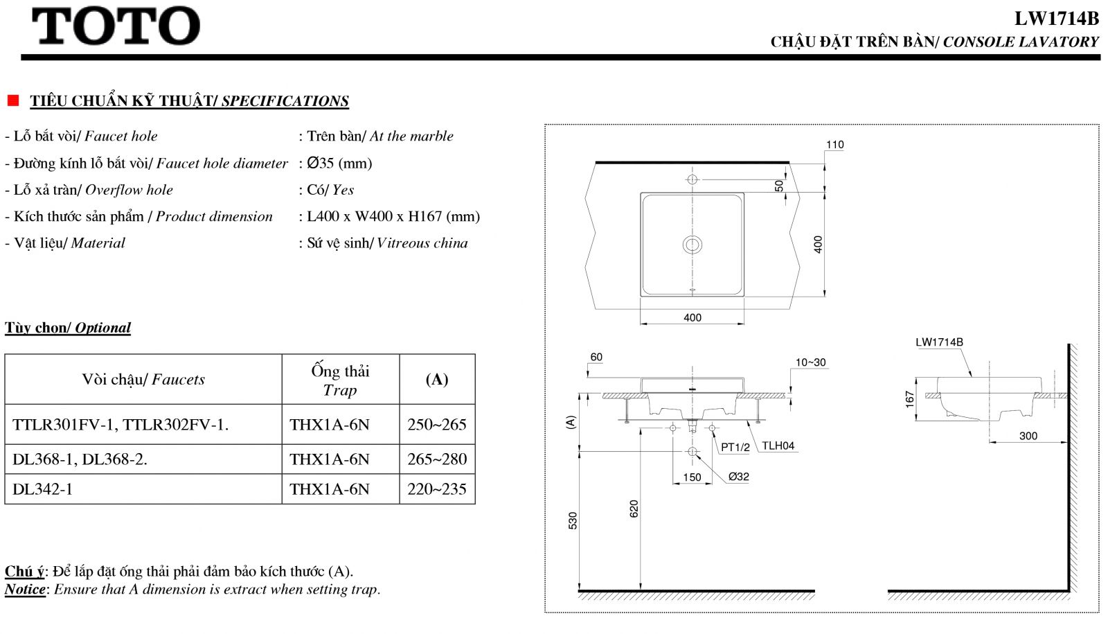 Chậu sứ đặt bàn TOTO LW1714B