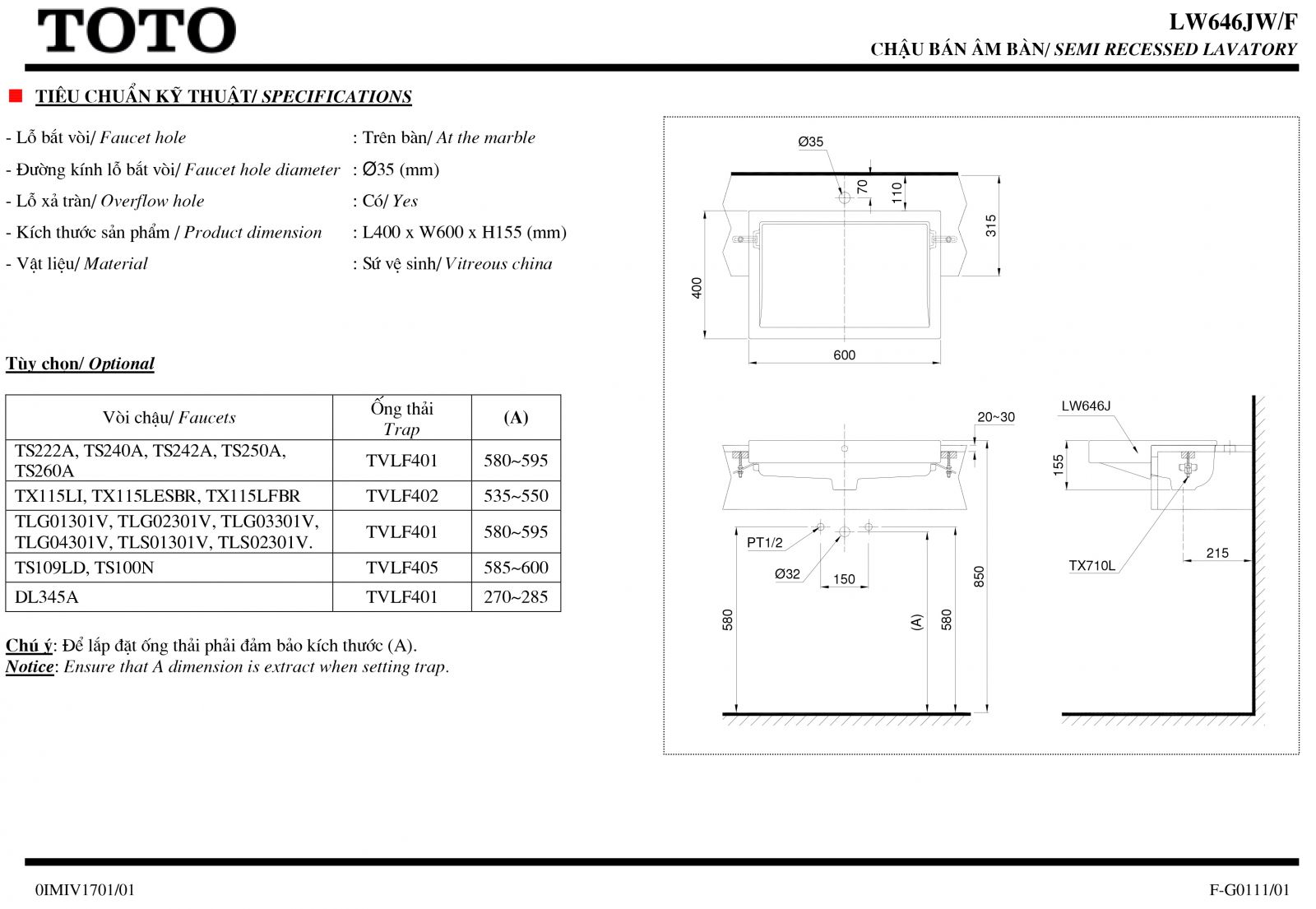 Chậu lavabo bán âm bàn TOTO LW646JW/F