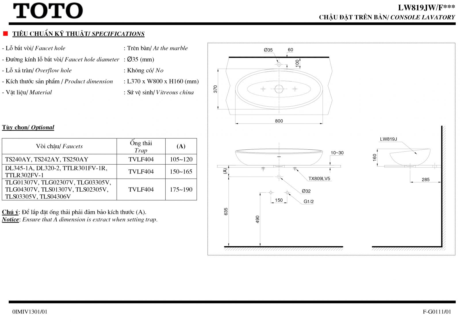 Lavabo đặt bàn TOTO LW819JW/F