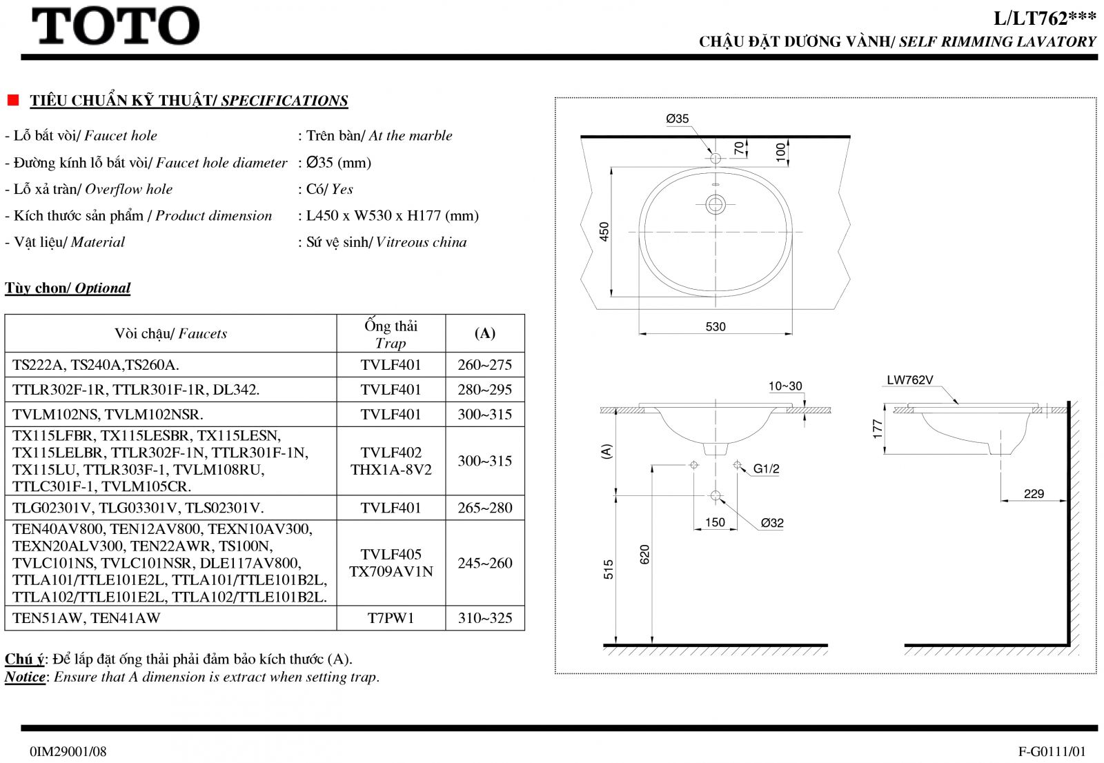 Lavabo dương vành TOTO L762