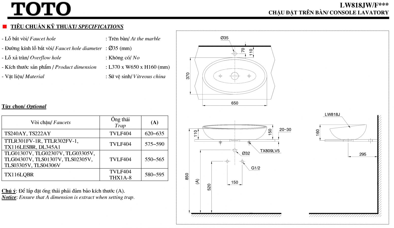 Chậu lavabo đặt bàn TOTO LW818JW/F