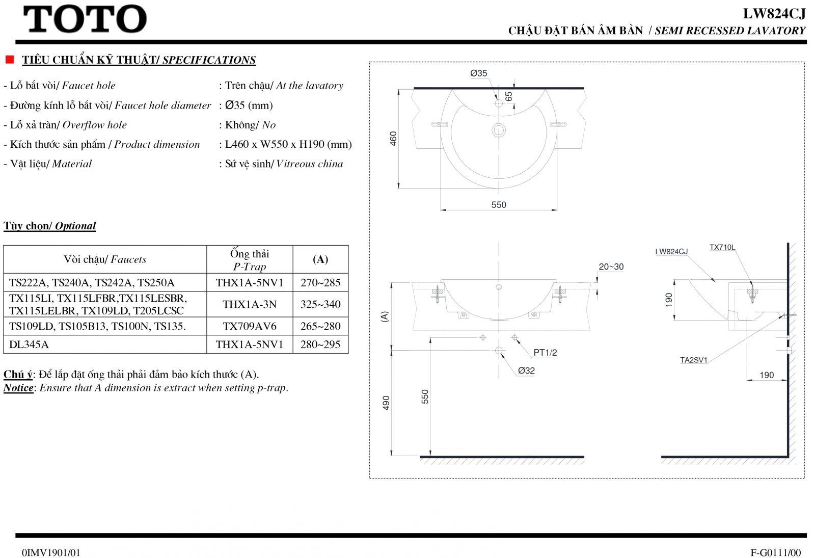 lavabo-ban-am-toto-lw824cjwf-mo-ta Chậu rửa lavabo bán âm bàn TOTO LW824CJW/F