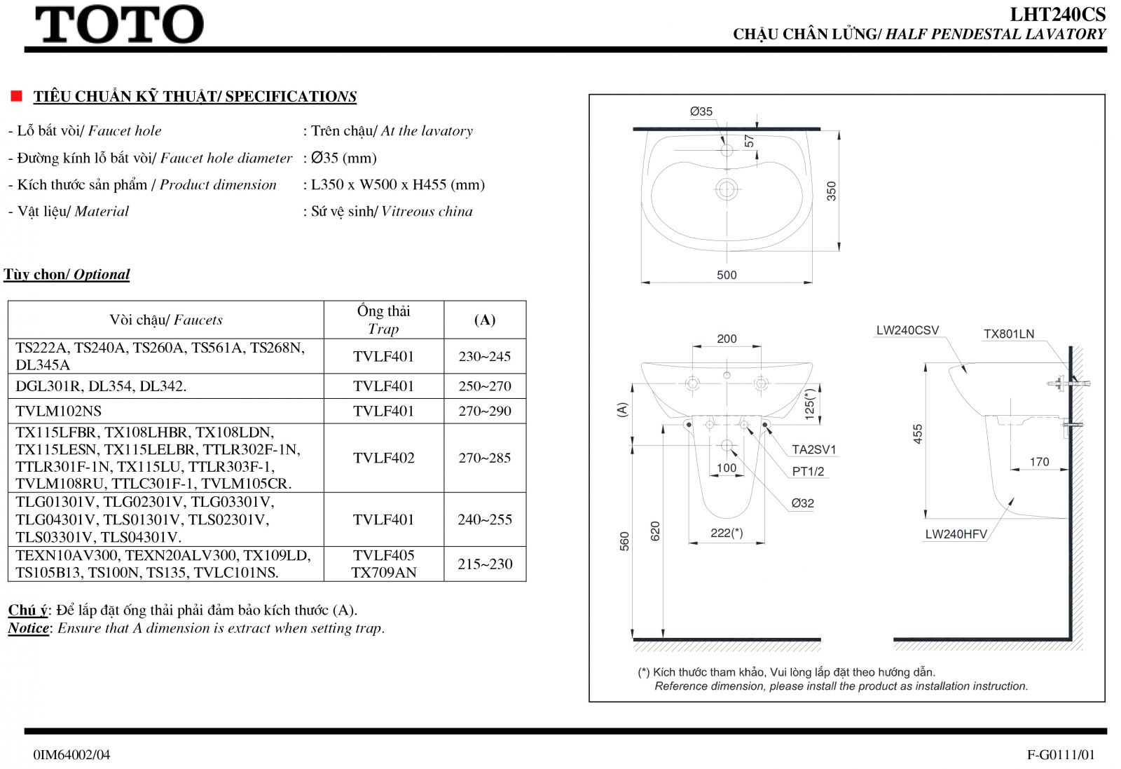 Lavabo chân treo cỡ nhỏ TOTO LHT240CR