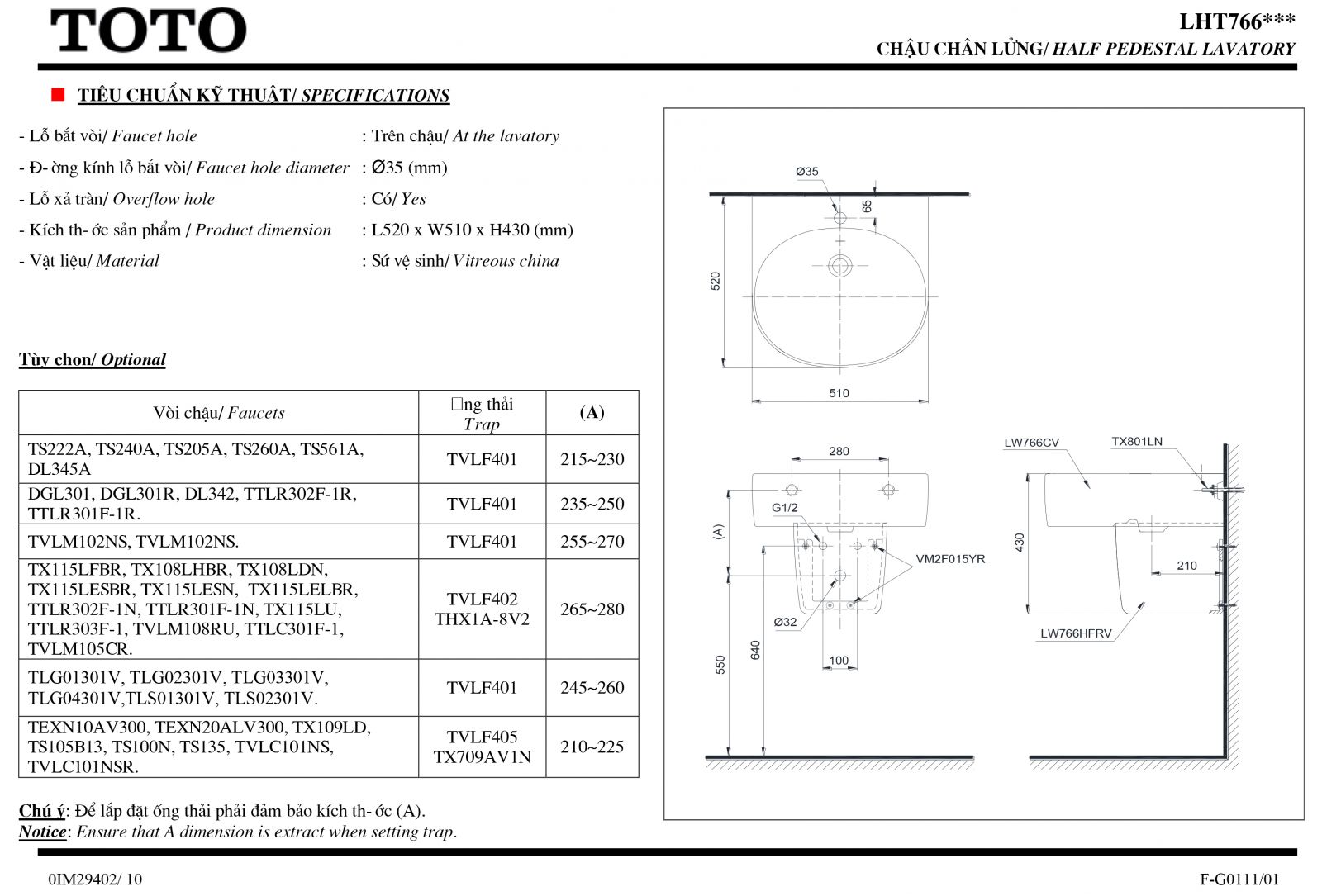 Lavabo chân treo TOTO LHT766CR