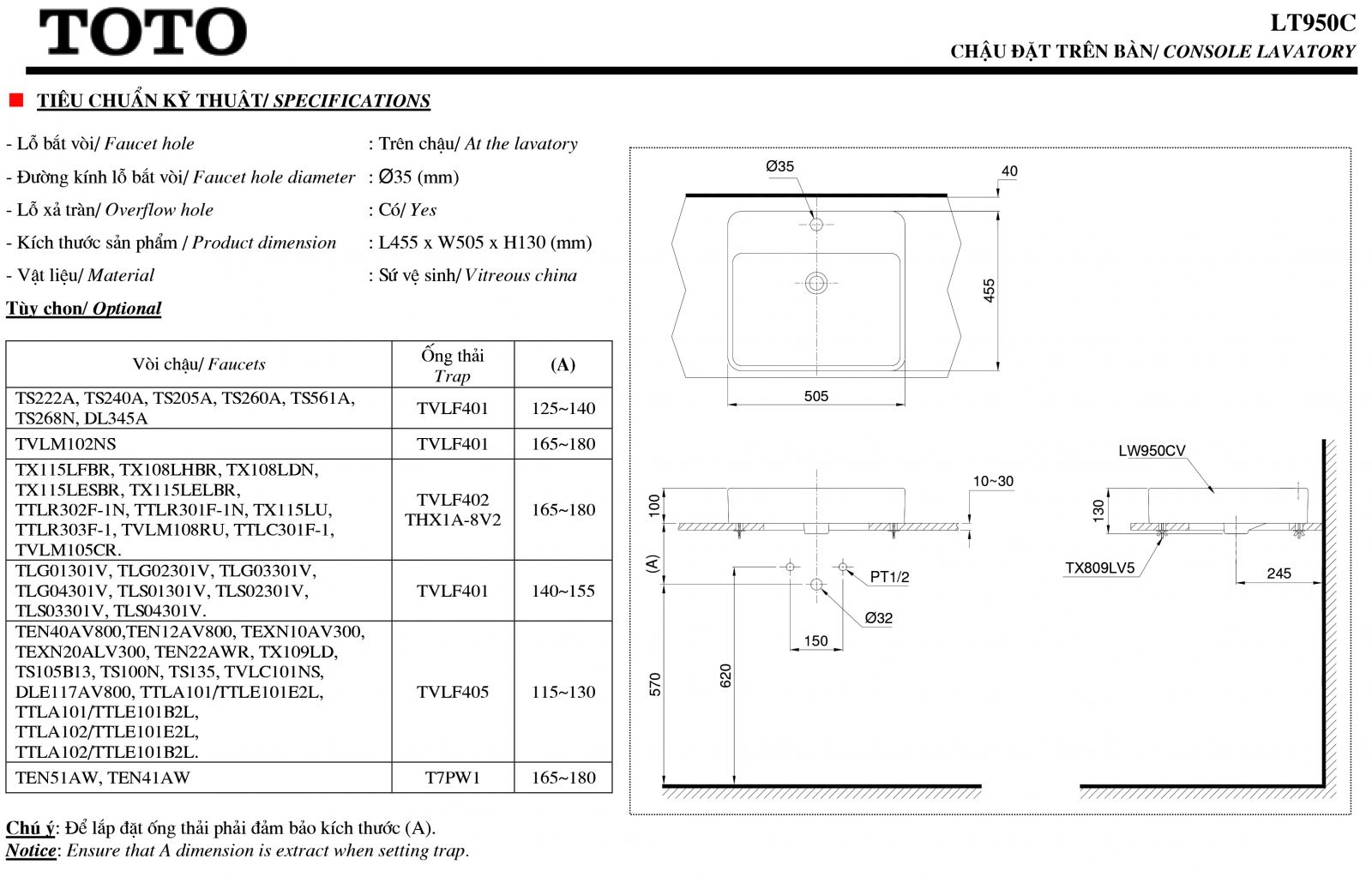 Lavabo đặt bàn TOTO LT950C