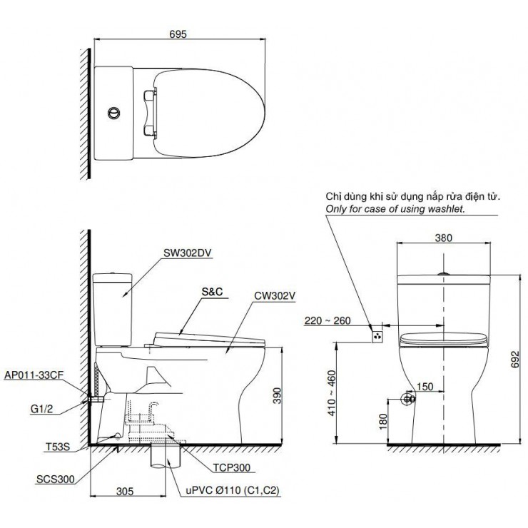 Bàn cầu TOTO CS302DT10 2 khối nắp đóng êm TC395VS ban-cau-toto-cs302dt10-2-khoi-nap-dong-em-tc395vs