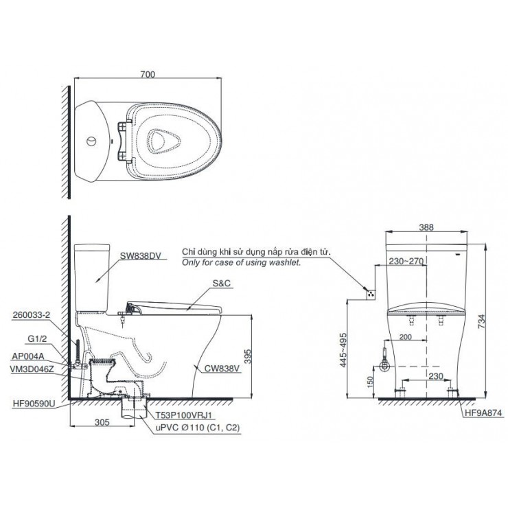 Bàn cầu 2 khối TOTO CS838DW14 nắp rửa điện tử Washlet ban-cau-2-khoi-toto-cs838dw14-nap-rua-dien-tu-washlet