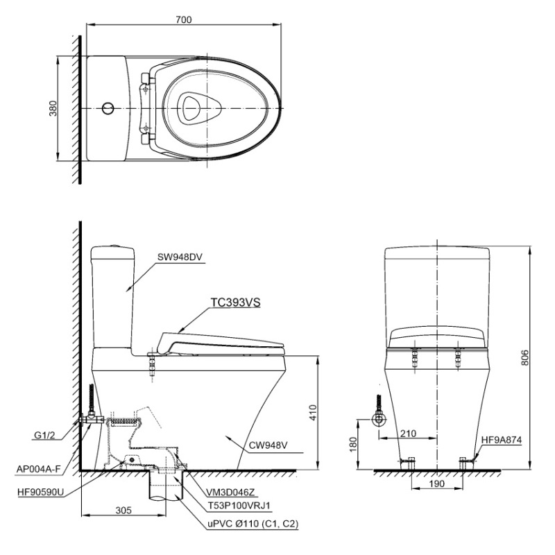 Bàn cầu 2 khối TOTO CS948DT2 nắp đóng êm ban-cau-2-khoi-toto-cs948dt2-nap-dong-em