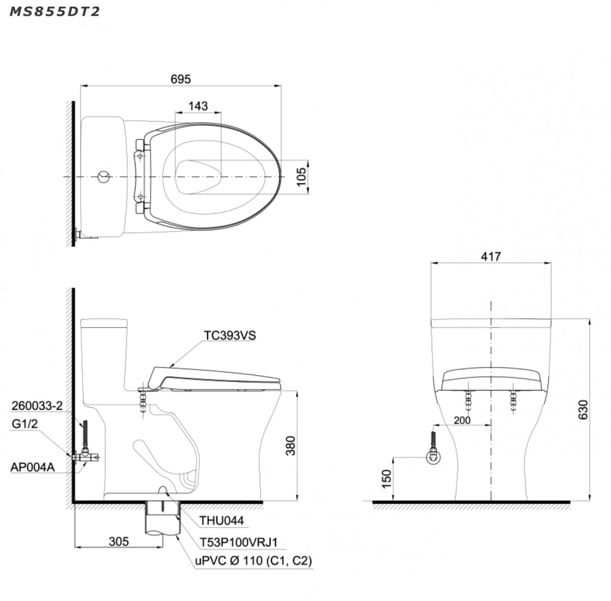 Bàn cầu TOTO MS855DT2 1 khối nắp TC393VS ban-cau-toto-ms855dt2-1-khoi-nap-tc393vs