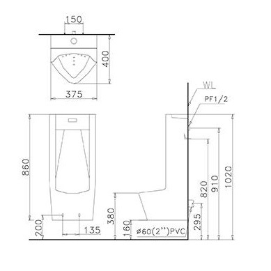 Bệ tiểu nam cảm ứng Caesar UA0283 be-tieu-nam-cam-ung-caesar-ua0283
