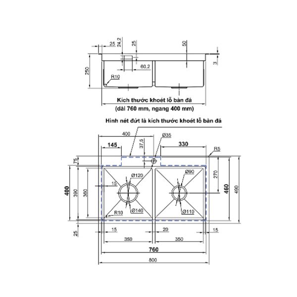 Chậu rửa chén inox 304 2 hộc Luxta LC8049-3.0 chau-rua-chen-inox-304-2-hoc-luxta-lc8049-3-0
