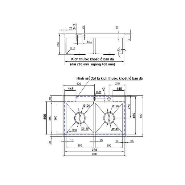 Chậu rửa chén inox 304 2 hộc Luxta LC8049N-5.0 chau-rua-chen-inox-304-2-hoc-luxta-lc8049n-5-0
