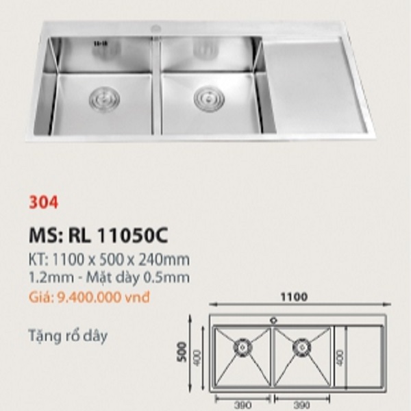 Chậu rửa inox 304 2 hộc 1 bàn Roland RL11050C chau-rua-inox-304-2-hoc-1-ban-roland-rl11050c