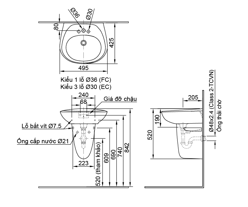 Lavabo Inax L-284V kèm chân treo L-284VC - Vật Tư Hoàn Thiện