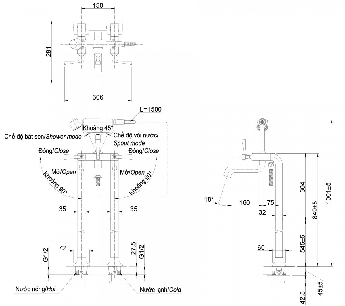 Vòi sen xả bồn tắm đặt sàn TOTO DM209CF voi-sen-xa-bon-tam-dat-san-toto-dm209cf