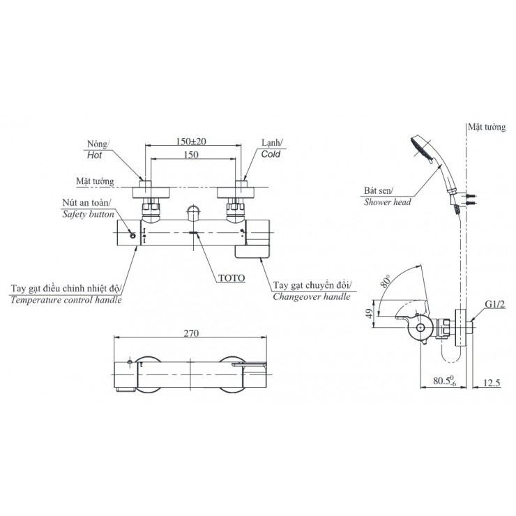 Vòi sen tắm nhiệt độ TOTO TBV03431V/TBW03002B voi-sen-tam-nhiet-do-toto-tbv03431v-tbw03002b